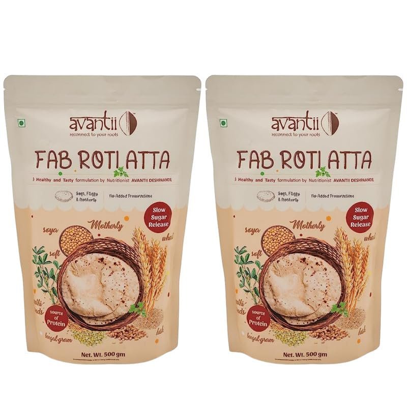 Avantii Diabetic Fab Roti Atta | Soft Fluffy Rotis | High In Protein and Fiber | Flour | Breakfast | Instant Mix | Healthy Breakfast | 100% Natural Ingredients Each - 500g Pack of 2