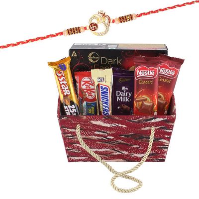 SFU E Com Almond Chocolates with Creamy Coockie Biscuits | Rakhi Chocolate for Brother | Designer Swastik in Om Rakhi with Chocolates | Roli, Chawal, Chandan, Misri | 796