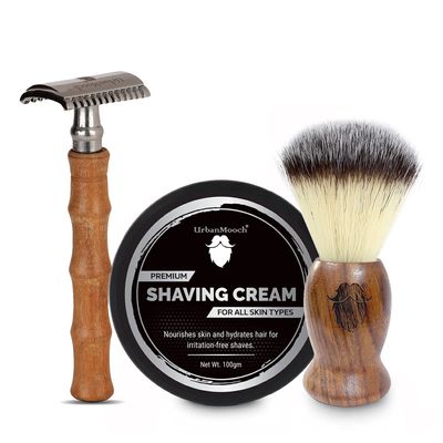 UrbanMooch Travel Essential Shaving Kit For Men | Wooden Razor, Premium Shaving Cream, Sheesham Wood Shaving Brush, Shaving Kit Pouch | Made In India