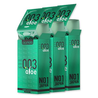 Okamoto 003 Japans Best Aloe Condoms | Only Natural Water Based Lube Condom in India |Thinnest Premium Condoms for Men - Made In Japan | 0.03 mm thin Extra Lubricated (Pack of 3) | 30s Condoms