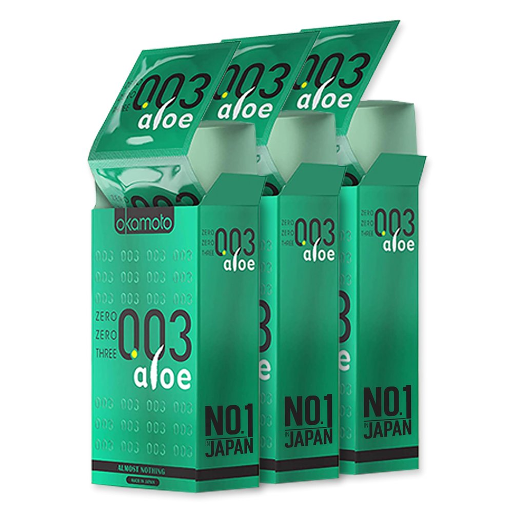 Okamoto 003 Japans Best Aloe Condoms | Only Natural Water Based Lube Condom in India |Thinnest Premium Condoms for Men - Made In Japan | 0.03 mm thin Extra Lubricated (Pack of 3) | 30s Condoms
