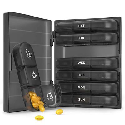 ABSOK Weekly Pill Box Organiser 3 Times A Day, Travel 7 Day Tablet Boxes with Large Compartments for Medicine, Easy to Read AM/PM Compartments Monday to Sunday for Travel & Purse (Black)