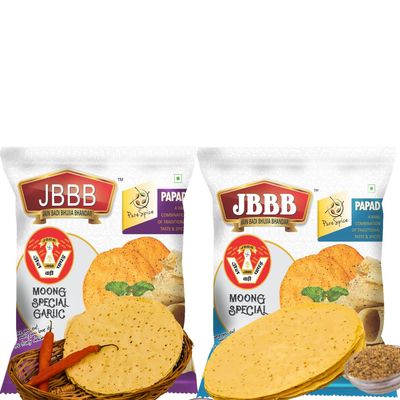 JBBB Moong Special Papad 400g + Moong Special Garlic Papad 400g Masala Papad | Homemade Crispy Tasty Moong Papad for Daily Eating | Easy Digestive Mong Papad Combo (800 gm)