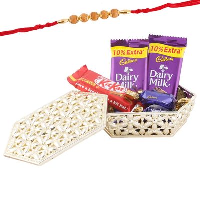 SFU E Com Chocolate Gift Box | Rakhi Chocolate for Brother | Sandalwood Design Rakhi with Chocolates | Roli, Chawal, Chandan, Misri | 196