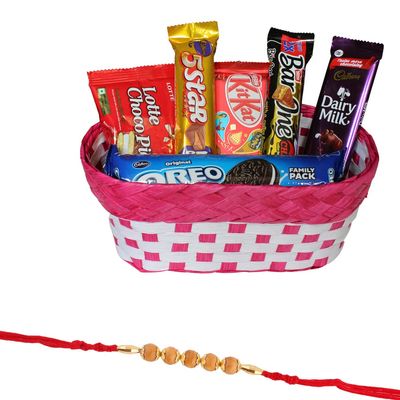 SFU E Com Chocolates and Cadbury Biscuit Gift Basket | Rakhi Chocolate for Brother | Sandalwood Design Rakhi with Chocolates | Roli, Chawal, Chandan, Misri | 79