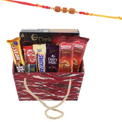 SFU E Com Almond Chocolates with Creamy Coockie Biscuits | Rakhi Chocolate for Brother | Rudraksh Design with Chocolates | Roli, Chawal, Chandan, Misri | 796