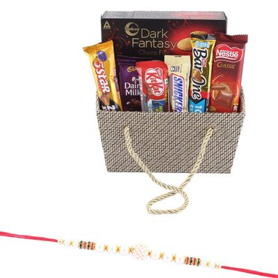 SFU E Com Chocolates with Designer Jute Basket | Rakhi Chocolate for Brother | Moti Ball Design with Chocolates | Roli, Chawal, Chandan, Misri | 826
