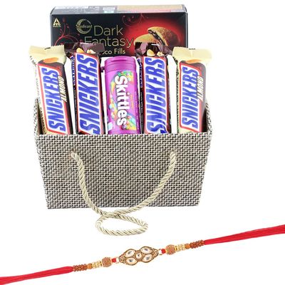 SFU E Com Juicy Berry Skittles with Almond Hamper | Rakhi Chocolate for Brother | Jadtar Designer Rakhi with Chocolates | Roli, Chawal, Chandan, Misri | 1064