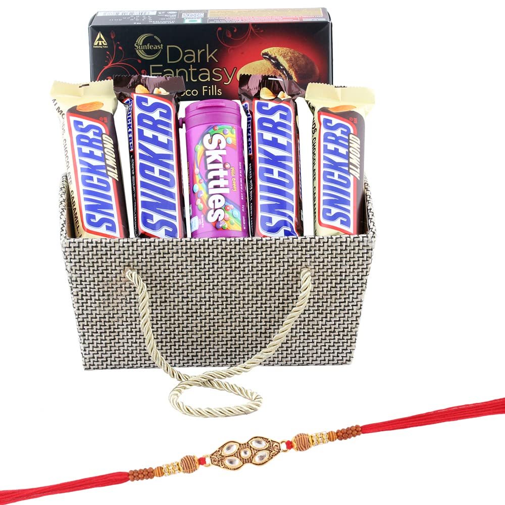 SFU E Com Juicy Berry Skittles with Almond Hamper | Rakhi Chocolate for Brother | Jadtar Designer Rakhi with Chocolates | Roli, Chawal, Chandan, Misri | 1064