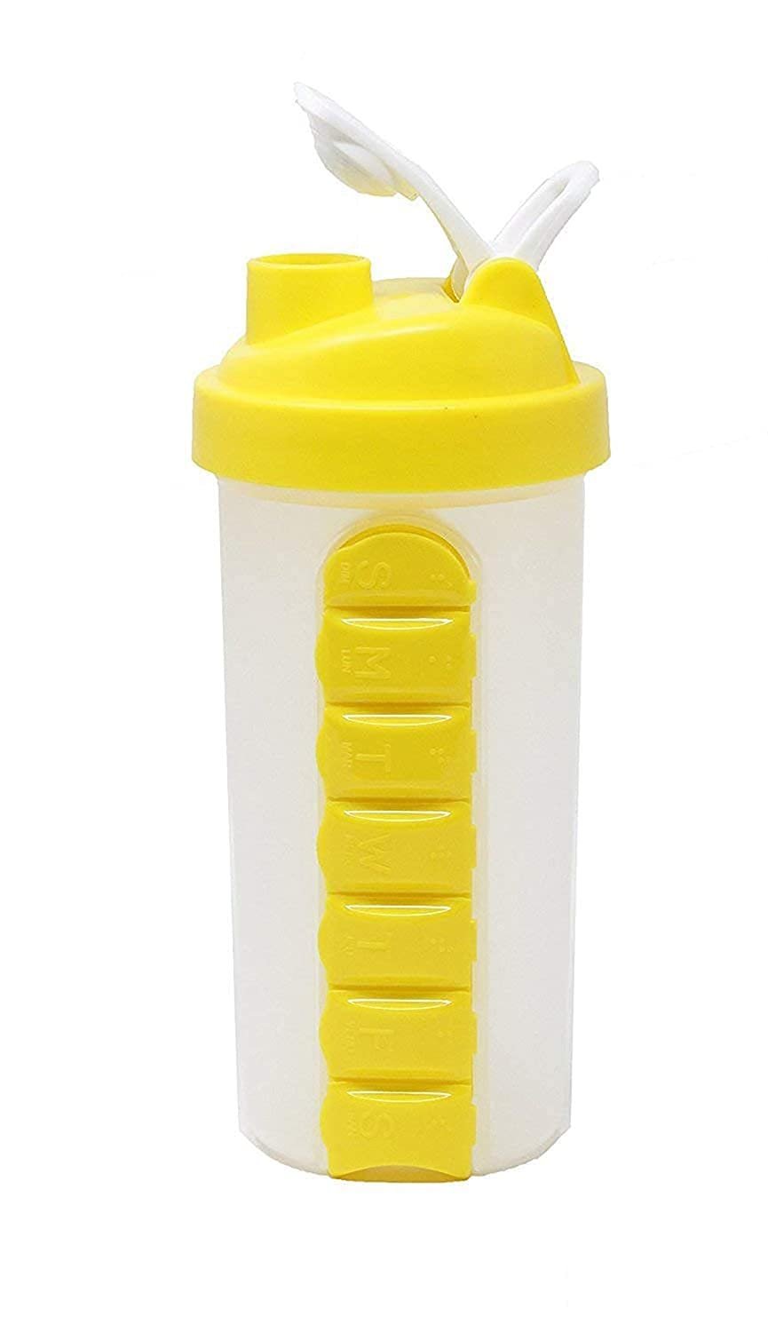 Eco Shopee SHOPPING SIMPLIFIED Pill Box Organizer with Water Bottle Weekly Seven Compartments with Drinking Bottle - (P 600) (Yellow)