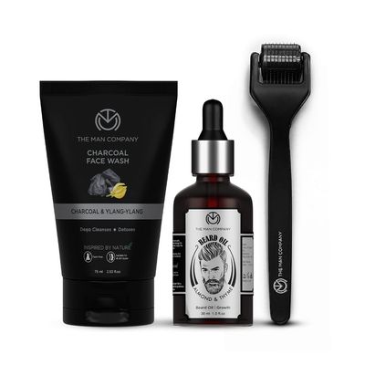 The Man Company Beard Growth Kit with Almond & Thyme Beard Growth Oil for Men, Charcoal Face Wash & Beard Activator (Derma roller) For Fast Beard Growth (Set of 3)