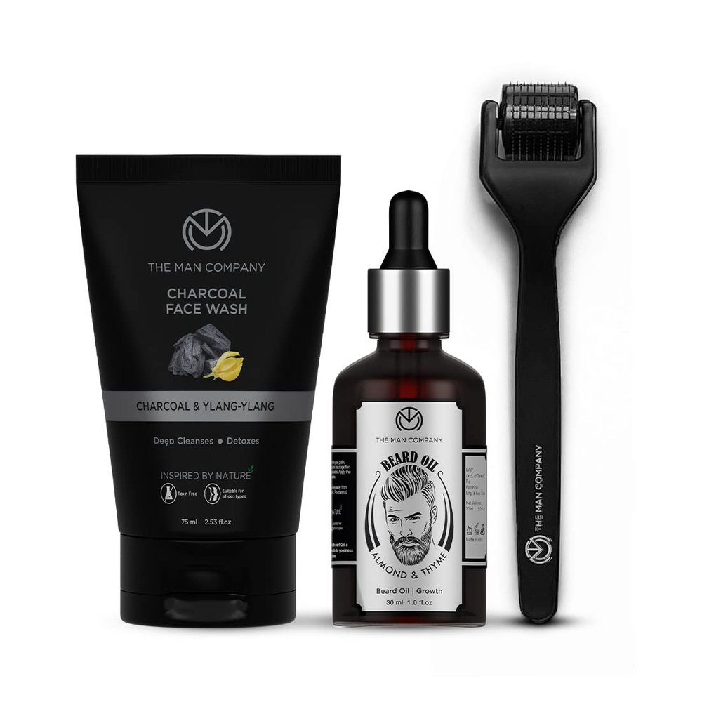 The Man Company Beard Growth Kit with Almond & Thyme Beard Growth Oil for Men, Charcoal Face Wash & Beard Activator (Derma roller) For Fast Beard Growth (Set of 3)