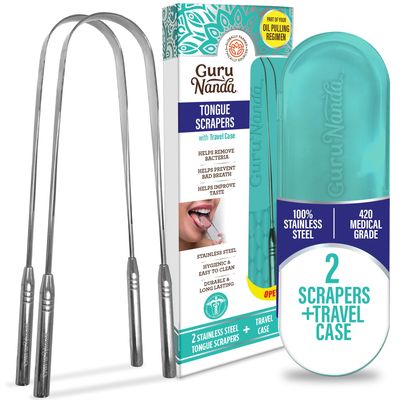 GuruNanda Tongue Scraper (Pack of 2), Stainless Steel Tongue Scraper for Oral Hygiene, Bad Breath Treatment, Medical Grade 100% Stainless Steel Tongue Cleaner with Travel Case for Adults & Kids