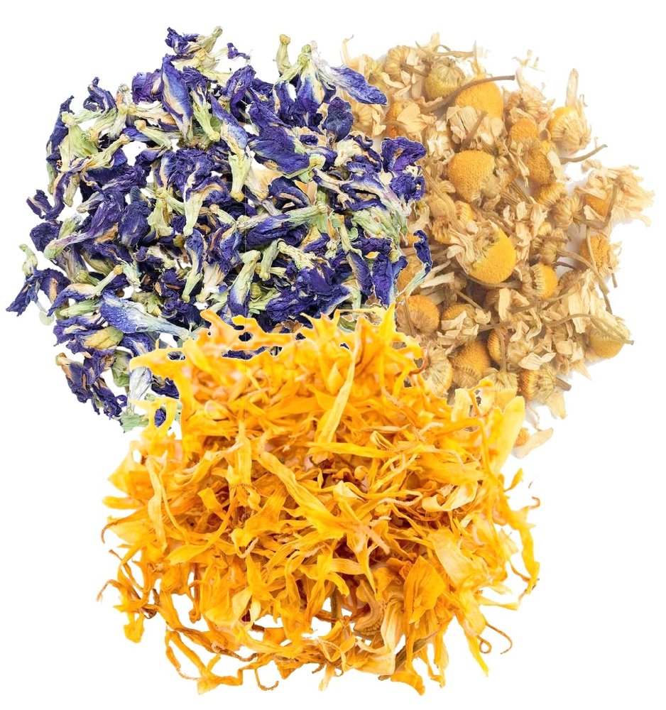 A D Food & Herbs Combo of Dried Butterfly Pea Flower/Chamomile/Calendula Flower Petals Aromatic Edible for Homemade Lattes, Tea Blends, Bath Salts, Gifts, Crafts each pack (200 Gms)