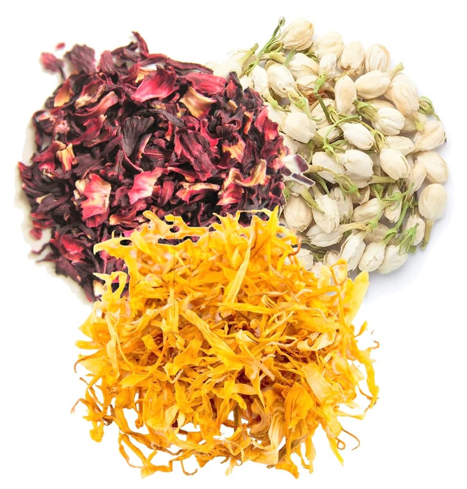 A D Food & Herbs Combo of Dried Jasmine/Hibiscus/Calendula Flower Petals Aromatic Edible for Homemade Lattes, Tea Blends, Bath Salts, Gifts, Crafts each pack (50 Gms)