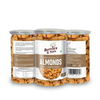 Berries And Nuts Premium California Almond Kernels | Badam, American Badam, California Almonds | 600 Grams | 3 Bottle of 200 Grams