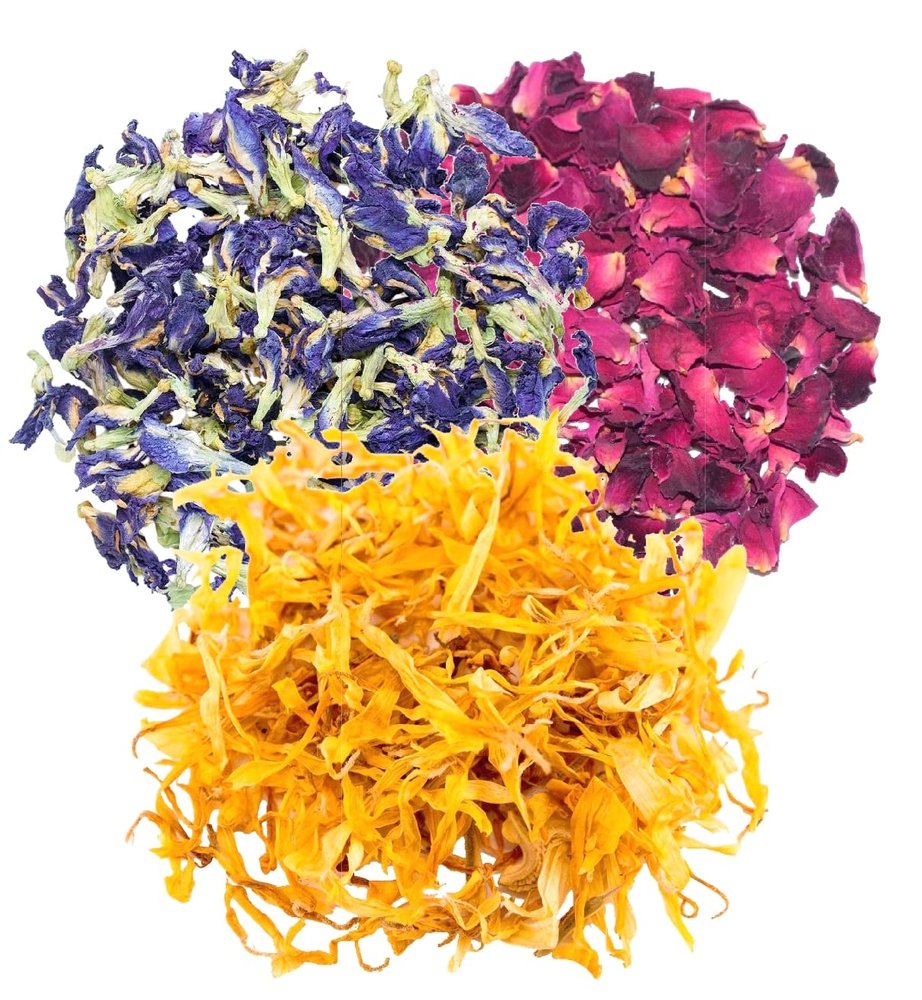 A D Food & Herbs Combo of Dried Butterfly Pea Flower/Rose/Calendula Flower Petals Aromatic Edible for Homemade Lattes, Tea Blends, Bath Salts, Gifts, Crafts each pack (150 Gms)