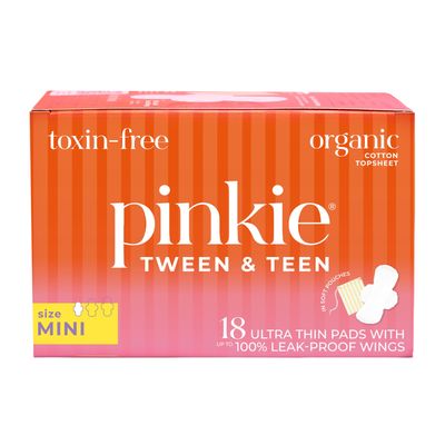Pinkie, Inc. Organic Cotton Topsheet Period Pads For Tweens&Teens|Mini Size Ultra Thin Pads With Wings|Fits Smaller Sized Underwear|Bleach,Fragrance,And Chlorine-Free|Teen Mini,18 Count