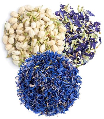 A D Food & Herbs Combo of Dried Jasmine/Butterfly Pea Flower/Blue Corn Flower Petals Aromatic Edible for Homemade Lattes, Tea Blends, Bath Salts, Gifts, Crafts each pack (250 Gms)