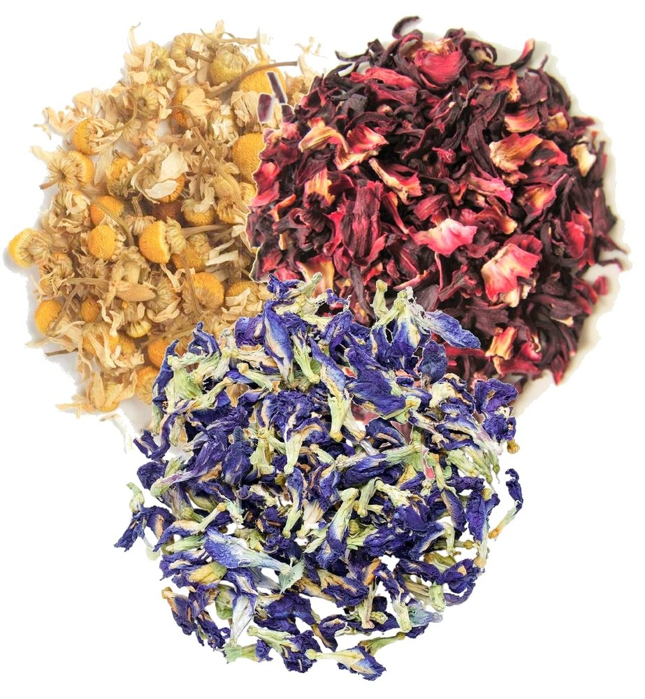 A D Food & Herbs Combo of Dried Butterfly Pea Flower/Hibiscus/Chamomile Flower Petals Aromatic Edible for Homemade Lattes, Tea Blends, Bath Salts, Gifts, Crafts each pack (150 Gms)