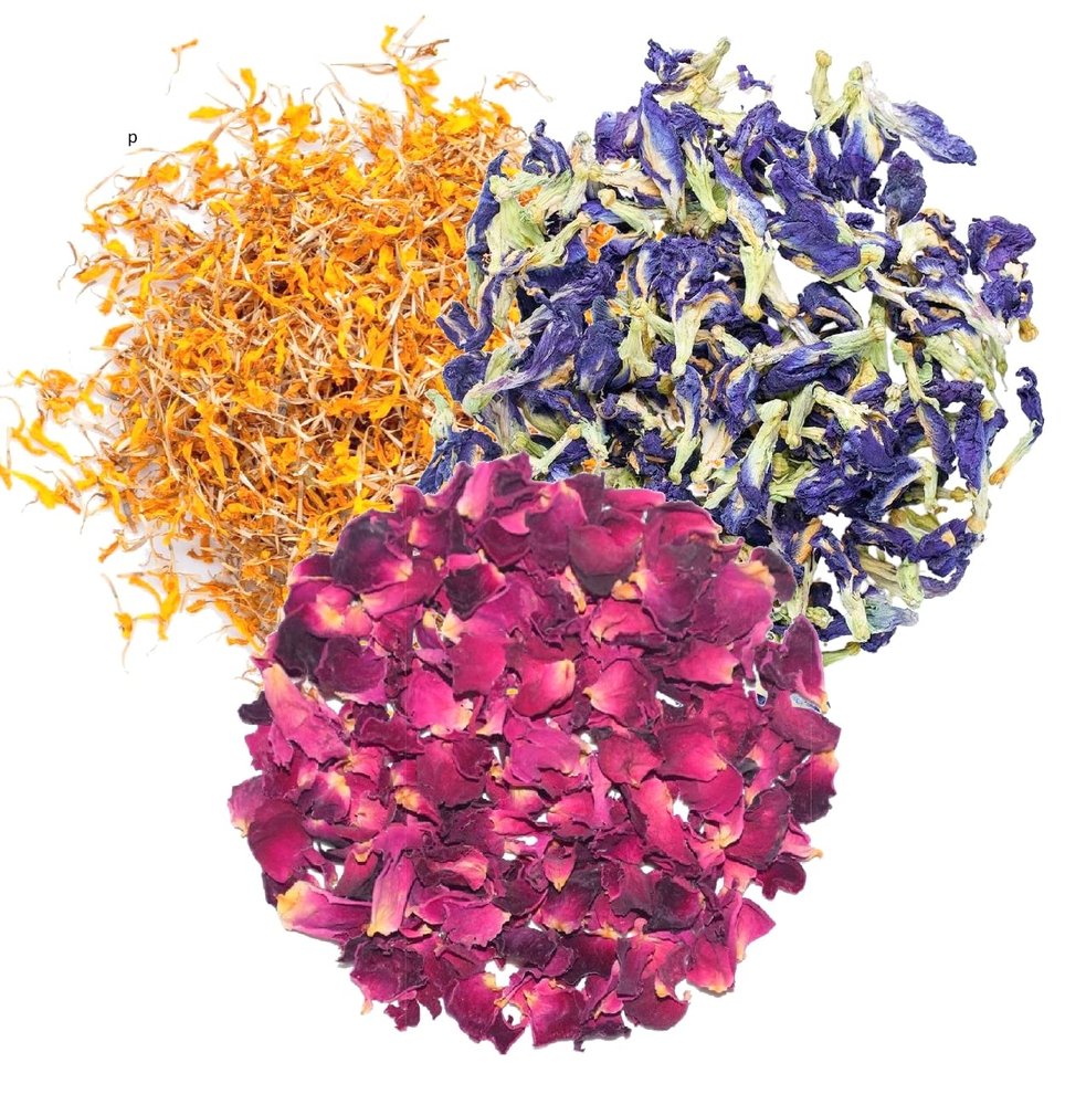 A D Food & Herbs Combo of Dried Butterfly Pea Flower/Marigold/Rose Flower Petals Aromatic Edible for Homemade Lattes, Tea Blends, Bath Salts, Gifts, Crafts each pack (100 Gms)