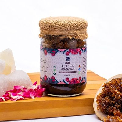 Indic Organics Gulkand of Desi & Damask Rose Petals Sun-Cooked with Rock Sugar in Ayurvedic Process for 6 Months | Infused with Western Ghats Raw Honey | Pitta Pacifier | Internal Body Coolant (Honey Infused, 300 Grams)