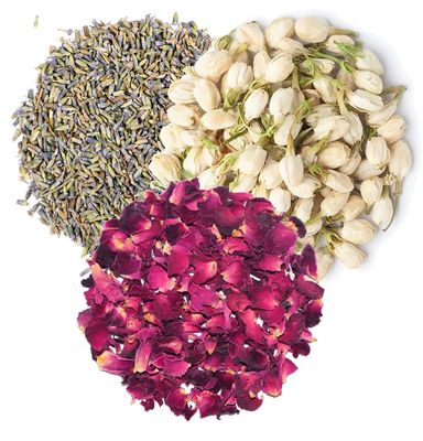 A D Food & Herbs Combo of Dried Jasmine/Lavender/Rose Flower Petals Aromatic Edible for Homemade Lattes, Tea Blends, Bath Salts, Gifts, Crafts each pack (100 Gms)