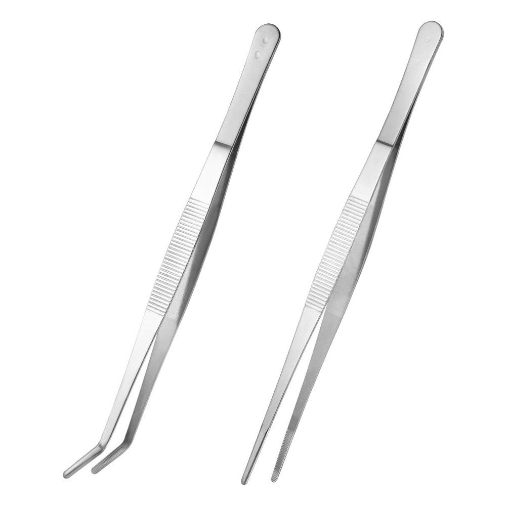 HEALLILY Stainless Steel Tweezer 2Pcs Straight and Curved Nippers Tweezers Angled Feeding Tongs Craft Making Machine Repairing Forceps ( Silver )