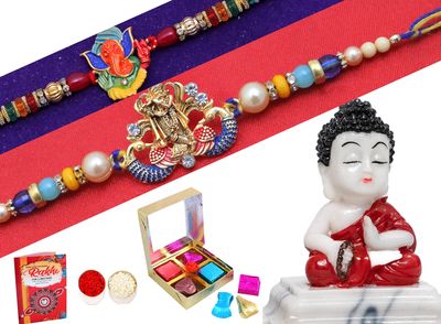 Rakhi gift for brother/Rakhi for brother combo/Rakhi for brother with gift combo set/Pack of 2 rakhi for brother-2 Kundan Rakhi+Showpiece figurine +Roli, Chawal+Rakhi Greeting card