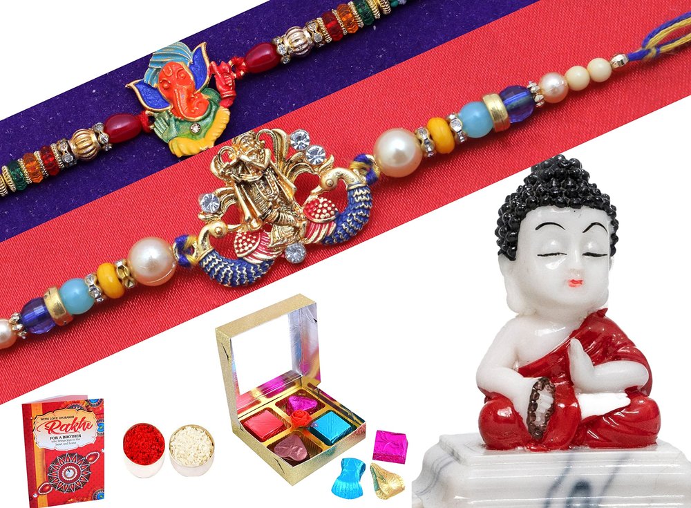 Rakhi gift for brother/Rakhi for brother combo/Rakhi for brother with gift combo set/Pack of 2 rakhi for brother-2 Kundan Rakhi+Showpiece figurine +Roli, Chawal+Rakhi Greeting card