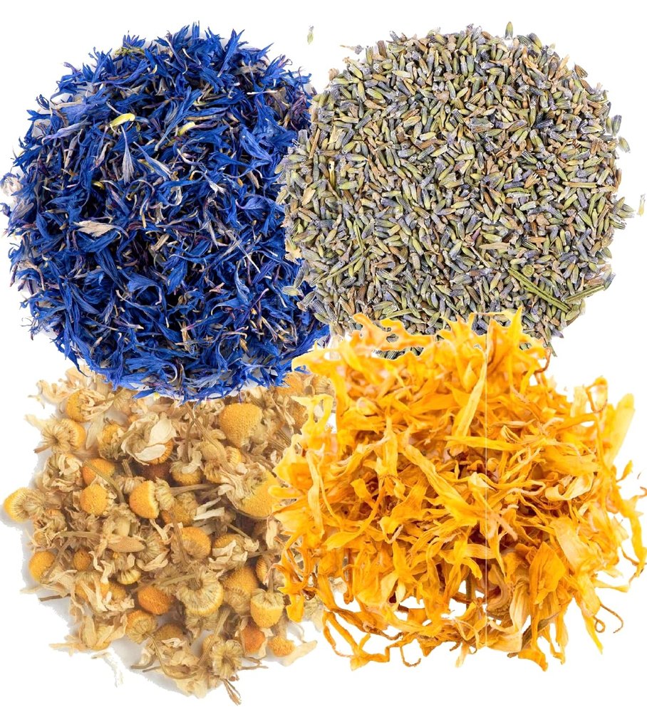 A D Food & Herbs Combo of Dried Lavender/Blue Corn Flower/Chamomile/Calendula Flower Petals Aromatic Edible for Homemade Lattes, Tea Blends, Bath Salts, Gifts, Crafts each pack (50 Gms)