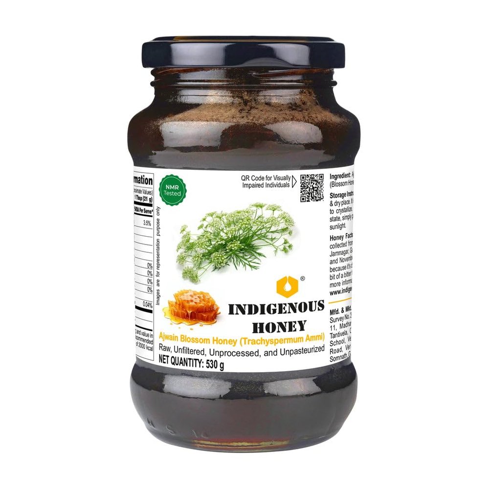 INDIGENOUS HONEY Ajwain Carom Honey Raw Natural Pure Unprocessed NMR Tested Unpasteurized Unheated 530g Glass Jar Pack of 1