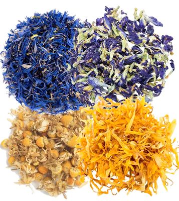 A D Food & Herbs Combo of Dried Butterfly Pea/Blue Corn Flower/Chamomile/Calendula Flower Petals Aromatic Edible for Homemade Lattes, Tea Blends, Bath Salts, Gifts, Crafts each pack (200 Gms)
