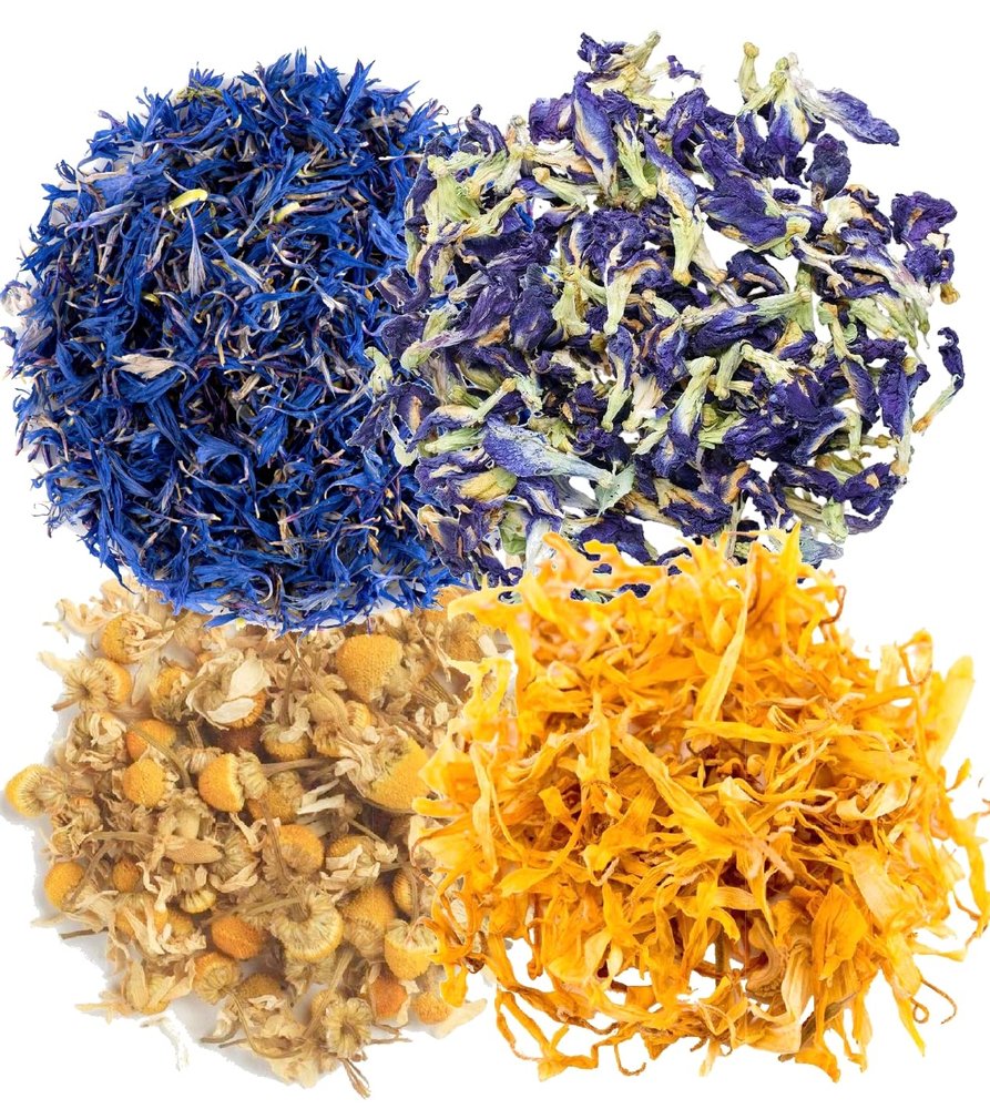 A D Food & Herbs Combo of Dried Butterfly Pea/Blue Corn Flower/Chamomile/Calendula Flower Petals Aromatic Edible for Homemade Lattes, Tea Blends, Bath Salts, Gifts, Crafts each pack (250 Gms)
