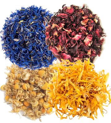A D Food & Herbs Combo of Dried Hibiscus/Blue Corn Flower/Chamomile/Calendula Flower Petals Aromatic Edible for Homemade Lattes, Tea Blends, Bath Salts, Gifts, Crafts each pack (250 Gms)