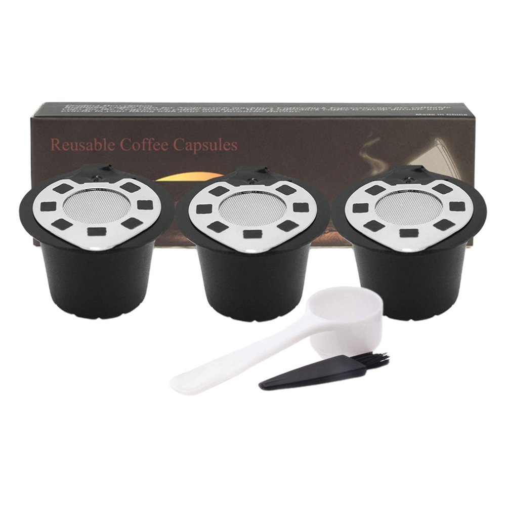 Set of 3 Coffee Capsules Pods for Nespresso w/Spoon Brush Silver