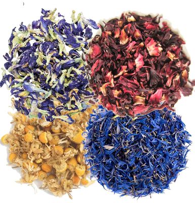A D Food & Herbs Combo of Dried Butterfly Pea/Hibiscus/Blue Corn Flower/Chamomile Flower Petals Aromatic Edible for Homemade Lattes, Tea Blends, Bath Salts, Gifts, Crafts each pack (150 Gms)