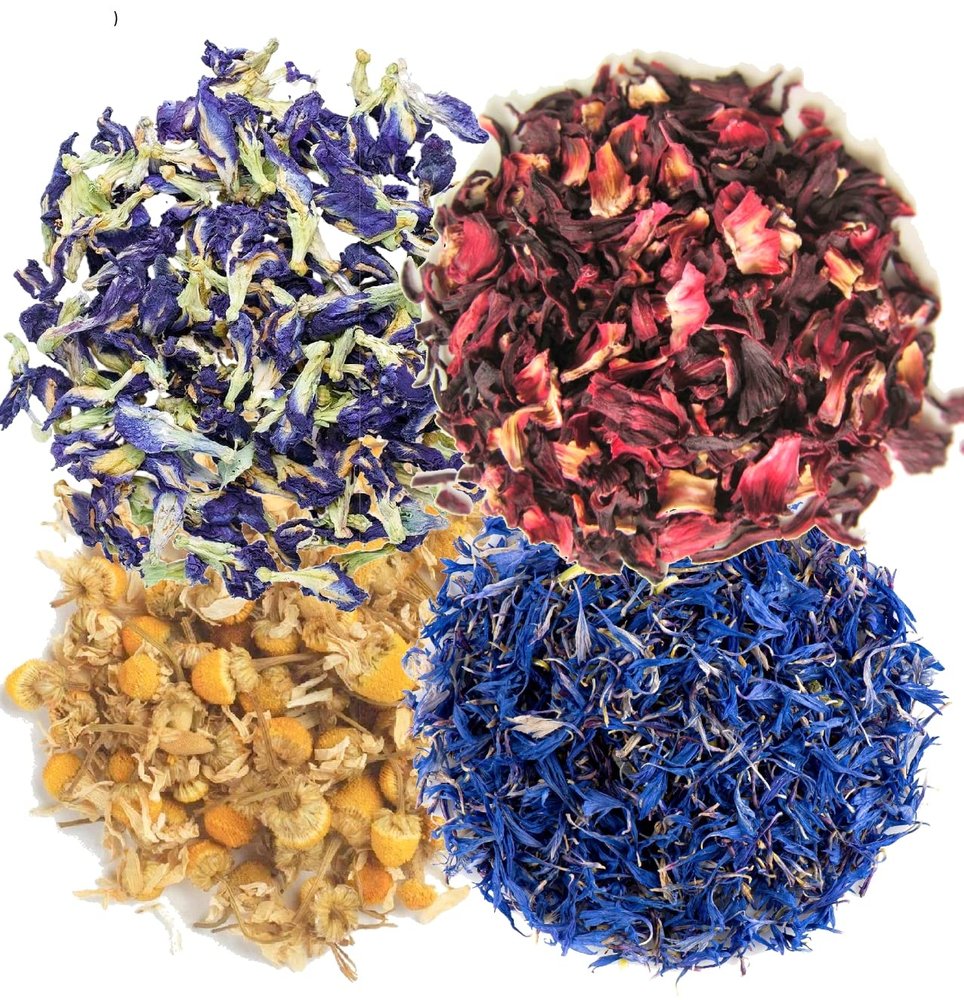 A D Food & Herbs Combo of Dried Butterfly Pea/Hibiscus/Blue Corn Flower/Chamomile Flower Petals Aromatic Edible for Homemade Lattes, Tea Blends, Bath Salts, Gifts, Crafts each pack (150 Gms)