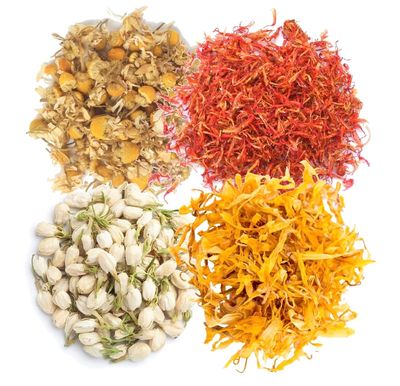 A D Food & Herbs Combo of Dried Jasmine/Safflower/Chamomile/Calendula Flower Petals Aromatic Edible for Homemade Lattes, Tea Blends, Bath Salts, Gifts, Crafts each pack (100 Gms)