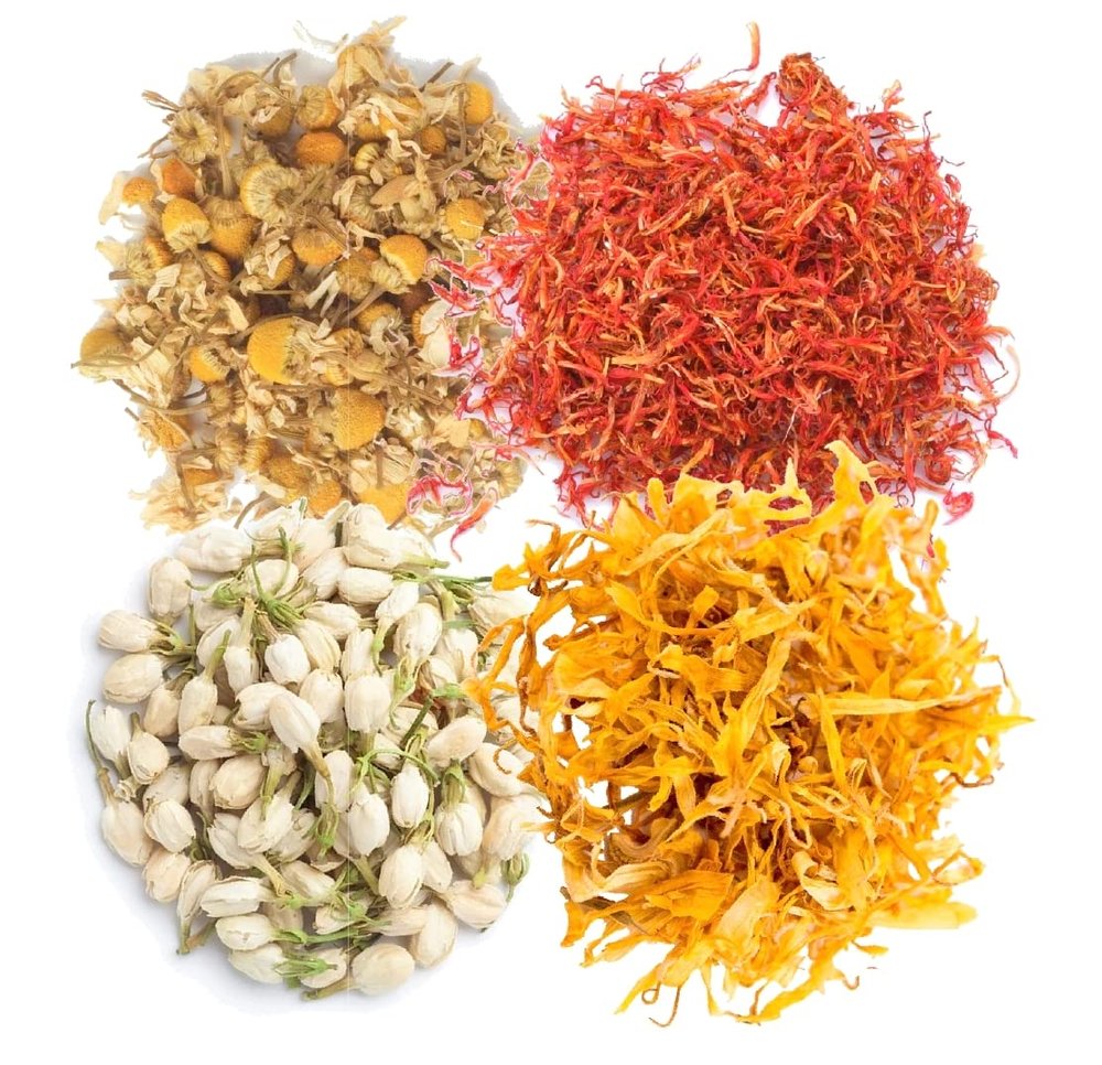 A D Food & Herbs Combo of Dried Jasmine/Safflower/Chamomile/Calendula Flower Petals Aromatic Edible for Homemade Lattes, Tea Blends, Bath Salts, Gifts, Crafts each pack (100 Gms)
