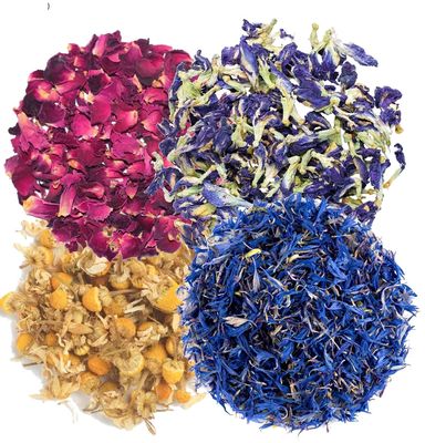 A D Food & Herbs Combo of Dried Butterfly Pea/Rose/Blue Corn Flower/Chamomile Flower Petals Aromatic Edible for Homemade Lattes, Tea Blends, Bath Salts, Gifts, Crafts each pack (50 Gms)