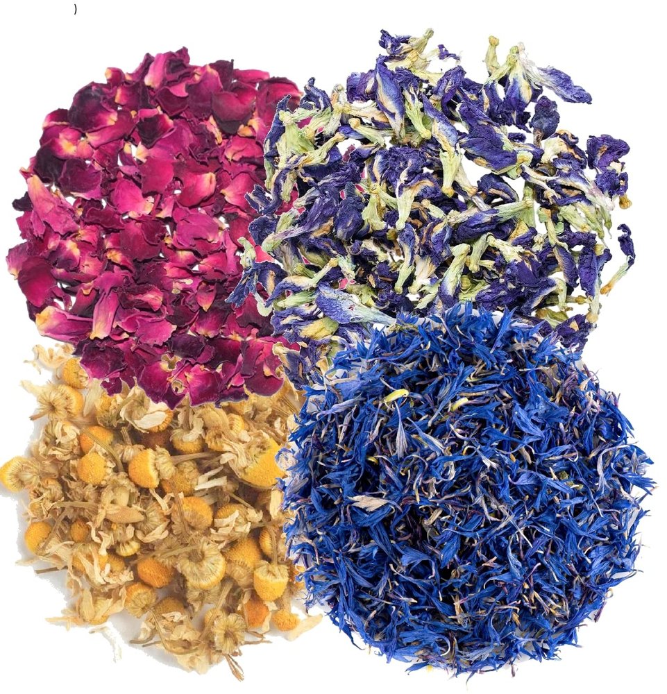 A D Food & Herbs Combo of Dried Butterfly Pea/Rose/Blue Corn Flower/Chamomile Flower Petals Aromatic Edible for Homemade Lattes, Tea Blends, Bath Salts, Gifts, Crafts each pack (50 Gms)