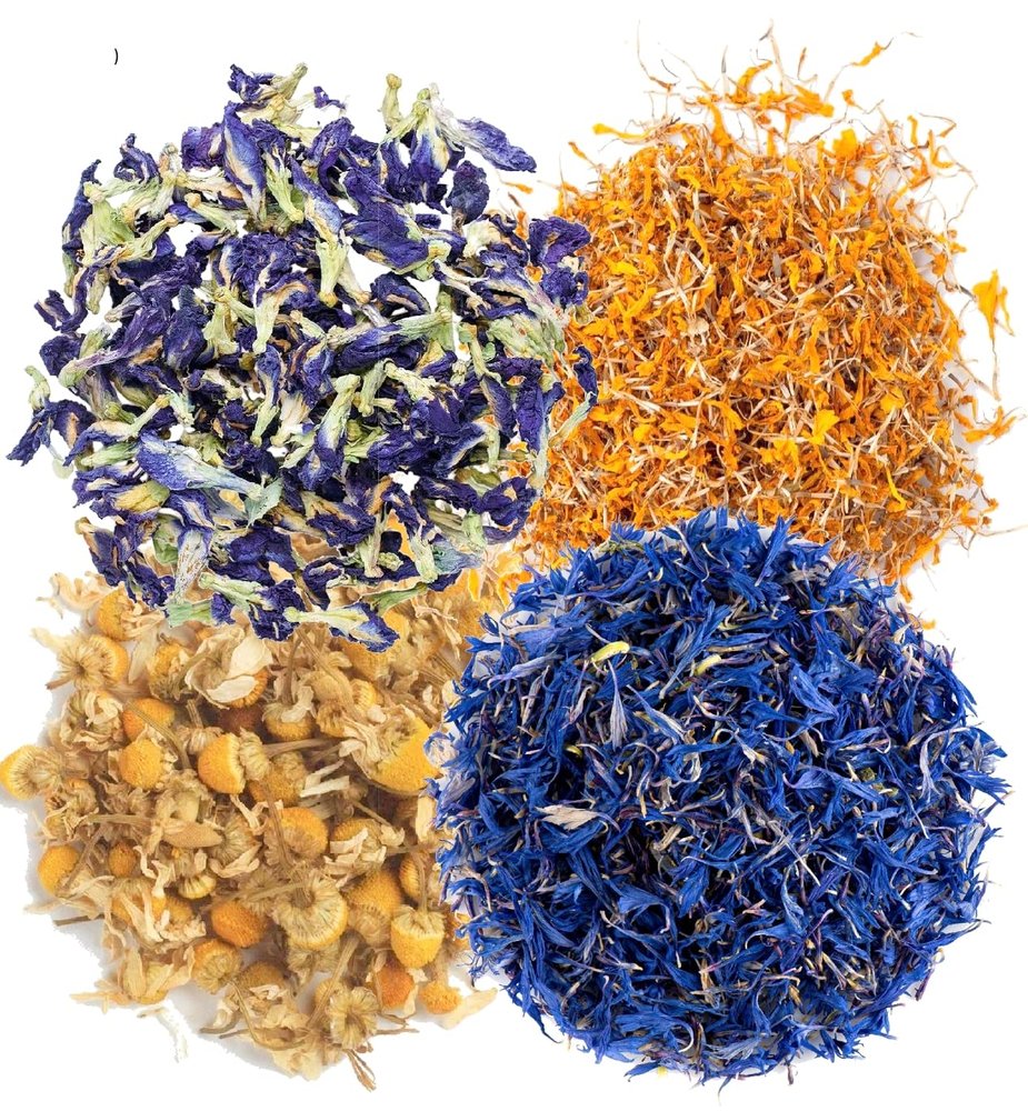 A D Food & Herbs Combo of Dried Butterfly Pea/Marigold/Blue Corn Flower/Chamomile Flower Petals Aromatic Edible for Homemade Lattes, Tea Blends, Bath Salts, Gifts, Crafts each pack (100 Gms)