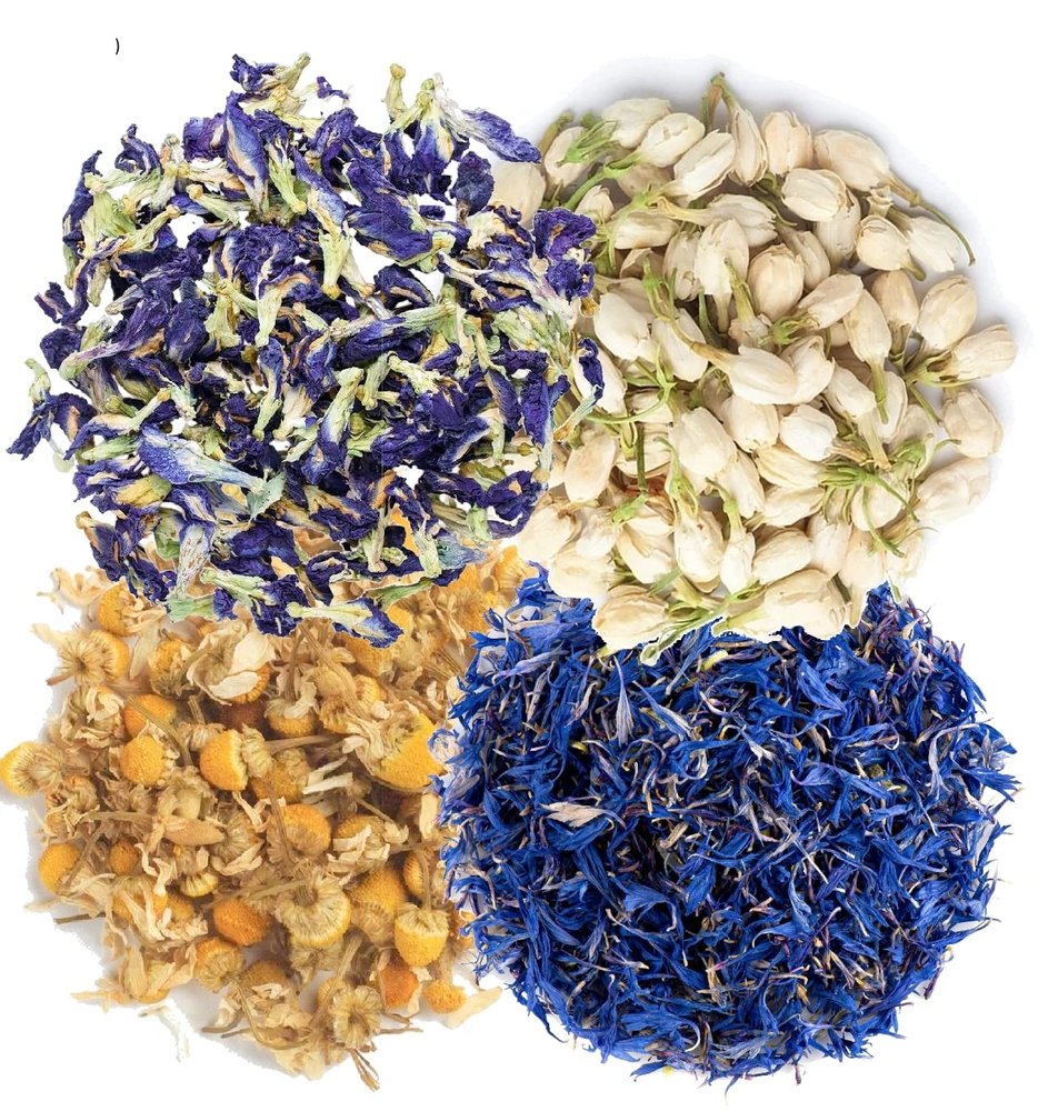 A D Food & Herbs Combo of Dried Jasmine/Butterfly Pea/Blue Corn Flower/Chamomile Flower Petals Aromatic Edible for Homemade Lattes, Tea Blends, Bath Salts, Gifts, Crafts each pack (250 Gms)
