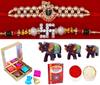 Rakhi for brother and bhabi combo/Rakhi for brother with showpiece figurine/Set of 2 rakhi with chocolate gift-2 gold plated Kundan Rakhi+Showpiece figurine +Roli, Chawal+Rakhi Greeting card view 1