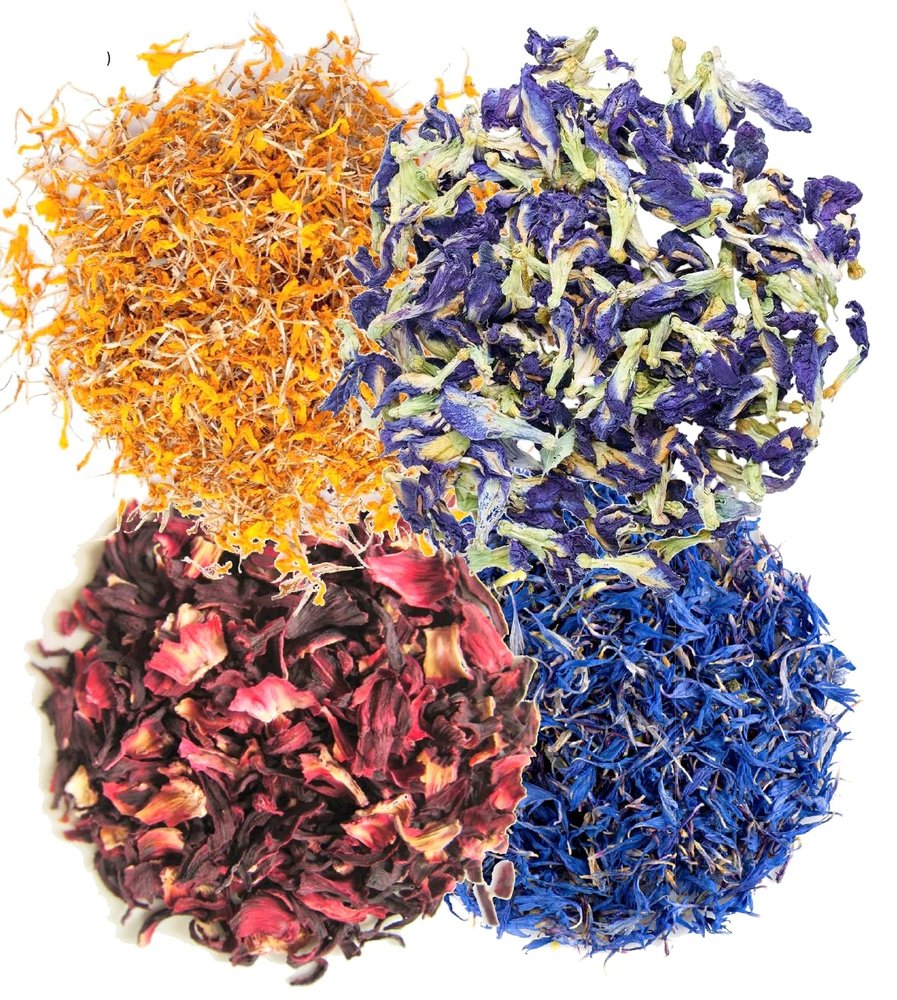 A D Food & Herbs Combo of Dried Butterfly Pea/Marigold/Hibiscus/Blue Corn Flower Petals Aromatic Edible for Homemade Lattes, Tea Blends, Bath Salts, Gifts, Crafts each pack (200 Gms)
