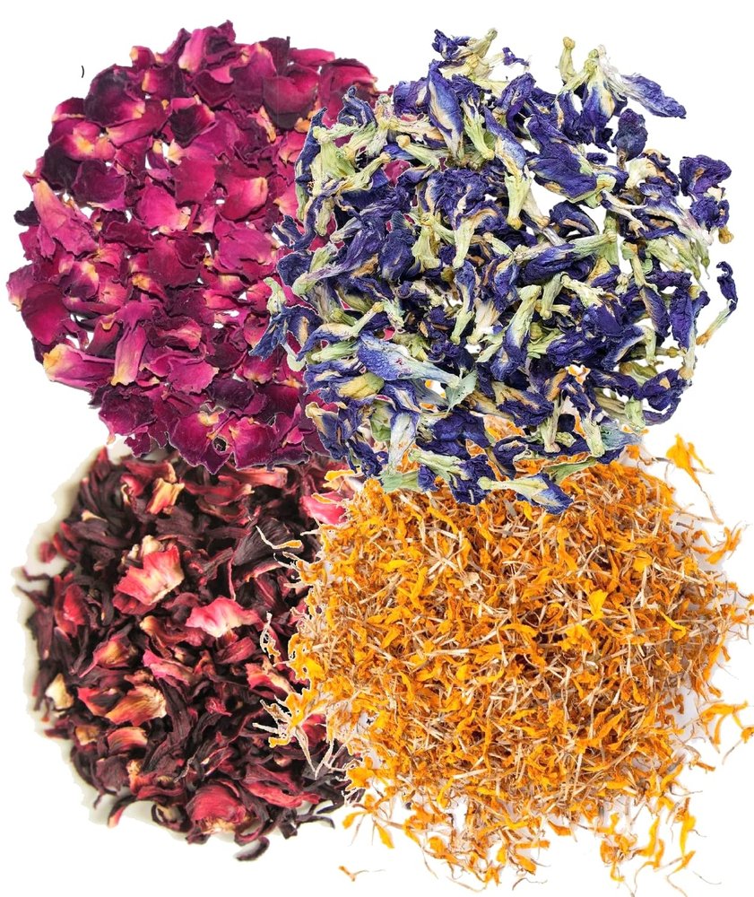A D Food & Herbs Combo of Dried Butterfly Pea Flower/Marigold/Rose/Hibiscus Flower Petals Aromatic Edible for Homemade Lattes, Tea Blends, Bath Salts, Gifts, Crafts each pack (250 Gms)