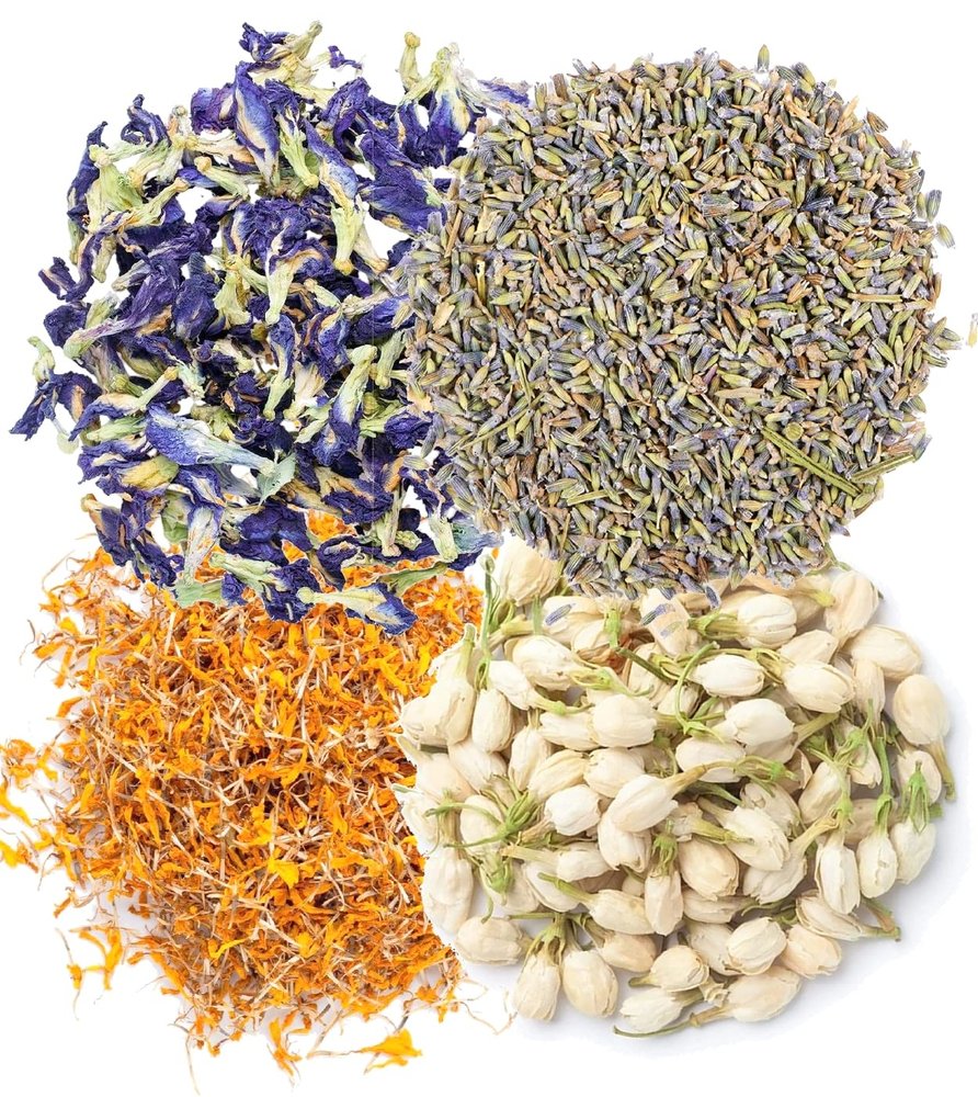 A D Food & Herbs Combo of Dried Jasmine/Lavender/Butterfly Pea Flower/Marigold Flower Petals Aromatic Edible for Homemade Lattes, Tea Blends, Bath Salts, Gifts, Crafts each pack (250 Gms)