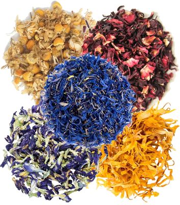 A D Food & Herbs Combo of Dried Butterfly Pea/Hibiscus/Blue Corn/Chamomile//Calendula Flower Petals Aromatic Edible for Homemade Lattes, Tea Blends, Bath Salts, Gifts, Crafts each pack (100 Gms)