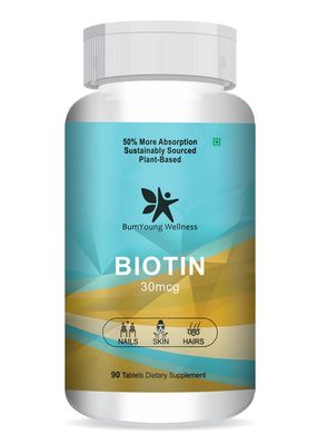 BumYoung Wellness Biotin 30mcg, Supplement for Hair Growth, Strong Hair and Glowing Skin, Fights Nail Brittleness 90 Tablets